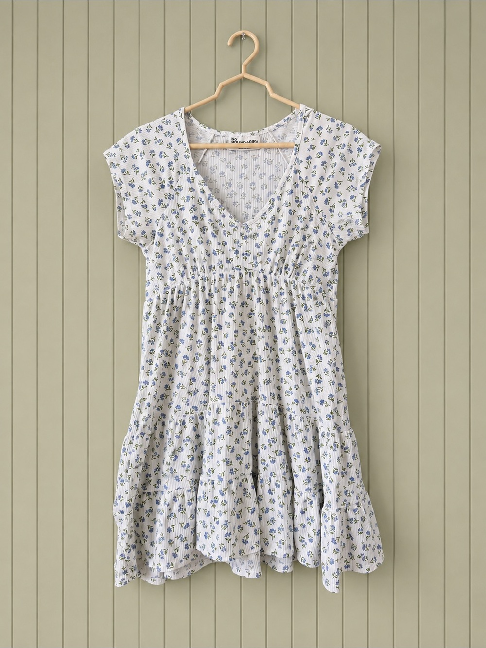 Girls White Floral Tiered Dress with Blue Accents